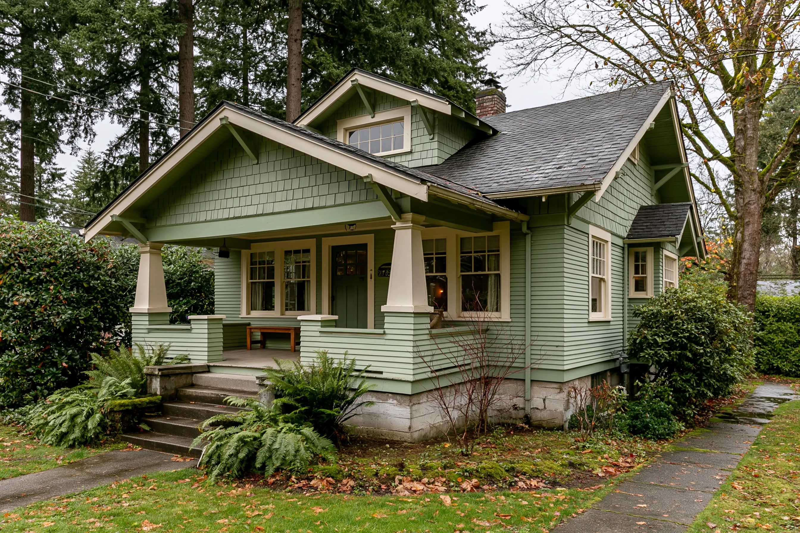 A Craftsman bungalow with a wide porch, tapered columns and a visible concrete foundation stem wall, with ferns, moss and tall Douglas firs behind