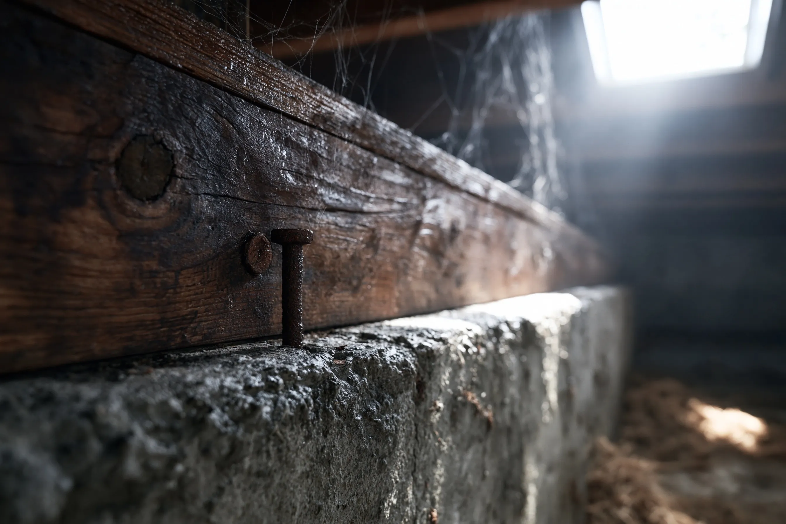 Close-up at the top of a crawlspace stem wall: a darkened, damp sill plate and rim joist with soft-looking wood and a rusted anchor bolt