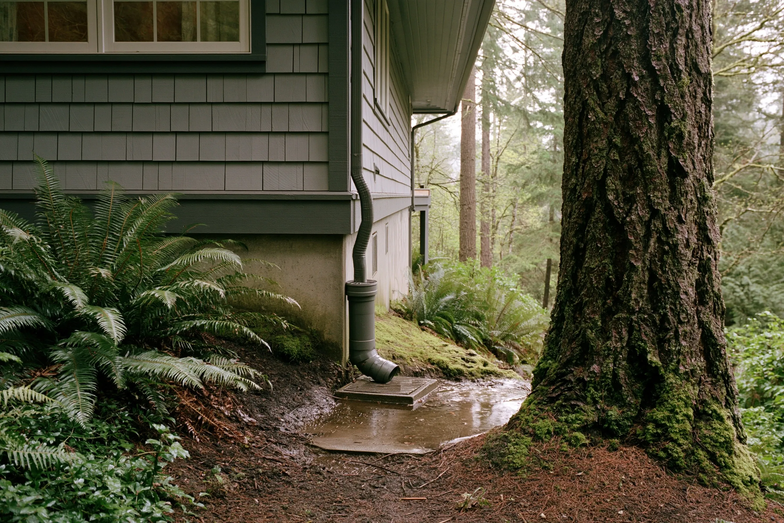 Corner of a grey shingle-sided house with a round downspout and plastic extension ending on a square splash pad with water pooled around it, moss, ferns and a large fir trunk