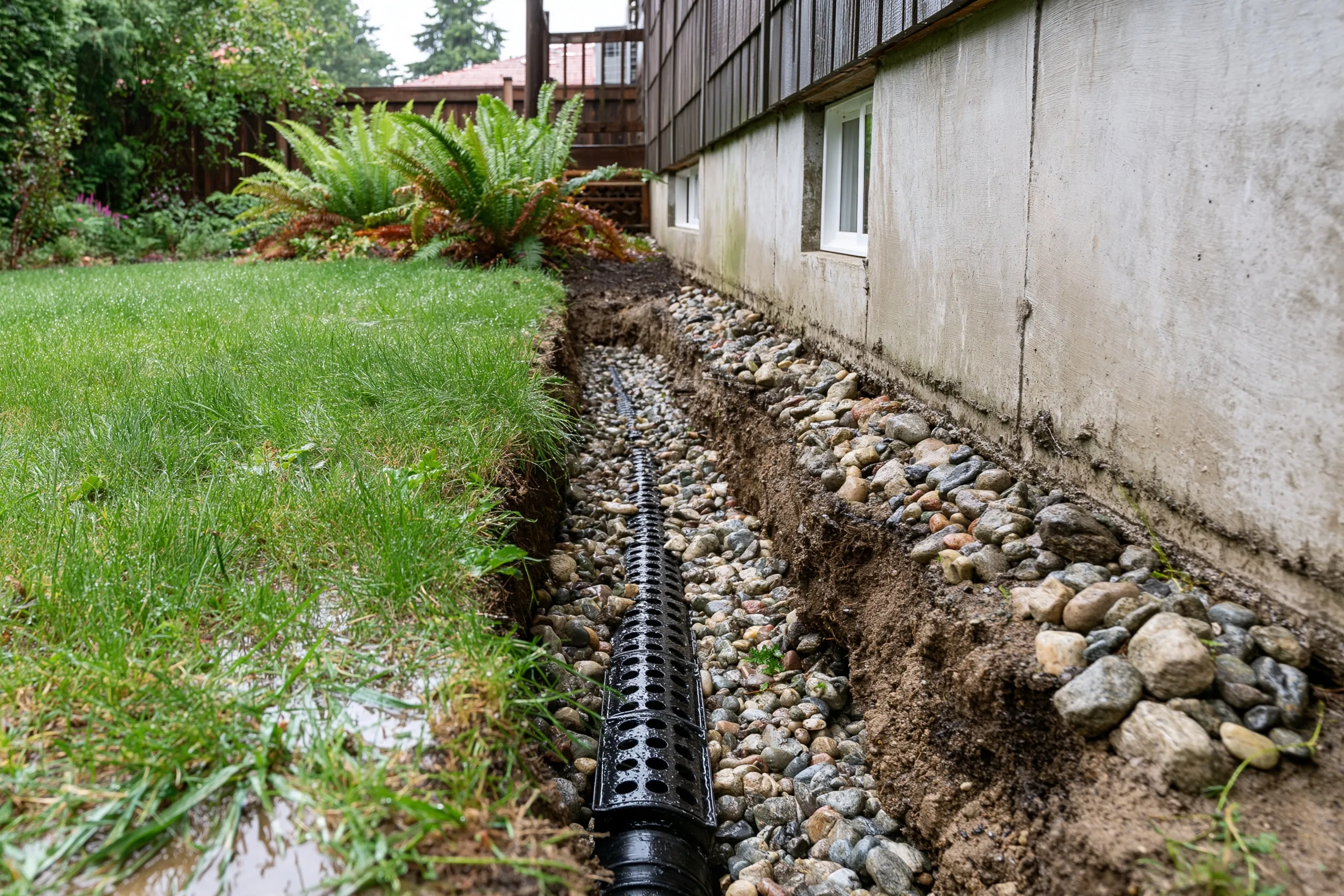 Narrow trench along the outside of a concrete foundation wall with a perforated drain pipe laid in washed gravel at the footing level, wet lawn and sword ferns beside it