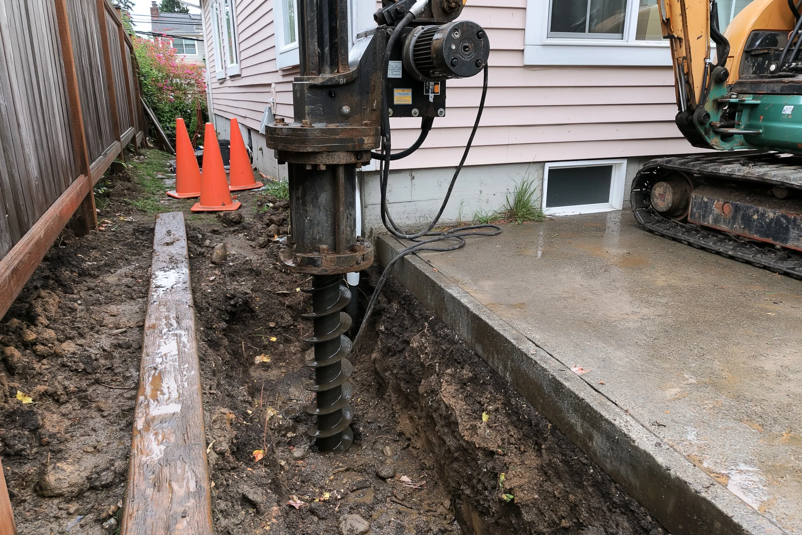 Hydraulic drive head and torque motor on a small compact excavator beside a house foundation, a steel helical shaft being turned into a narrow trench dug beside the footing, wet soil and orange cones