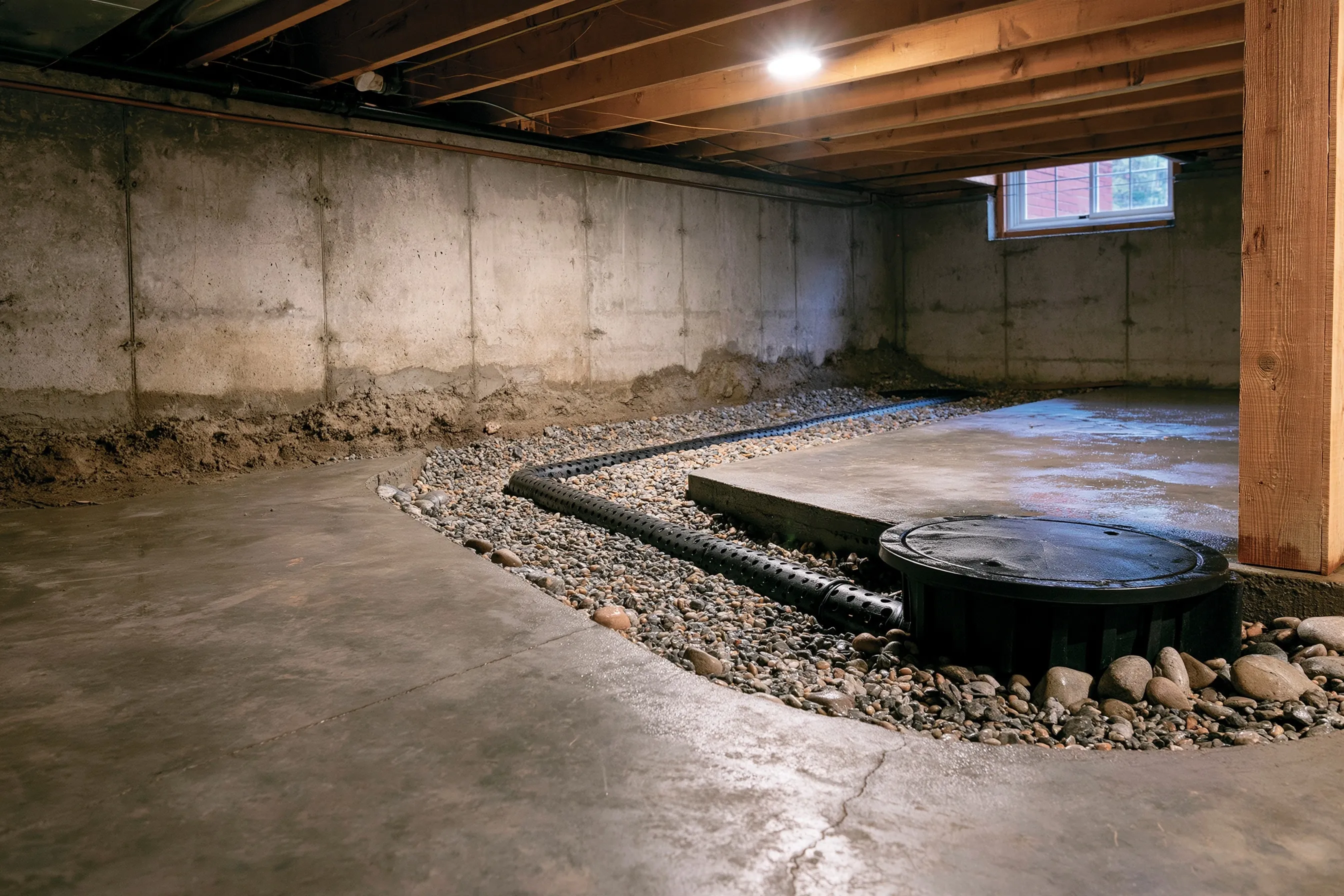 Perforated drain pipe in a gravel channel along the base of a foundation wall leading to a corner sump basin with a lid, damp concrete and cool light