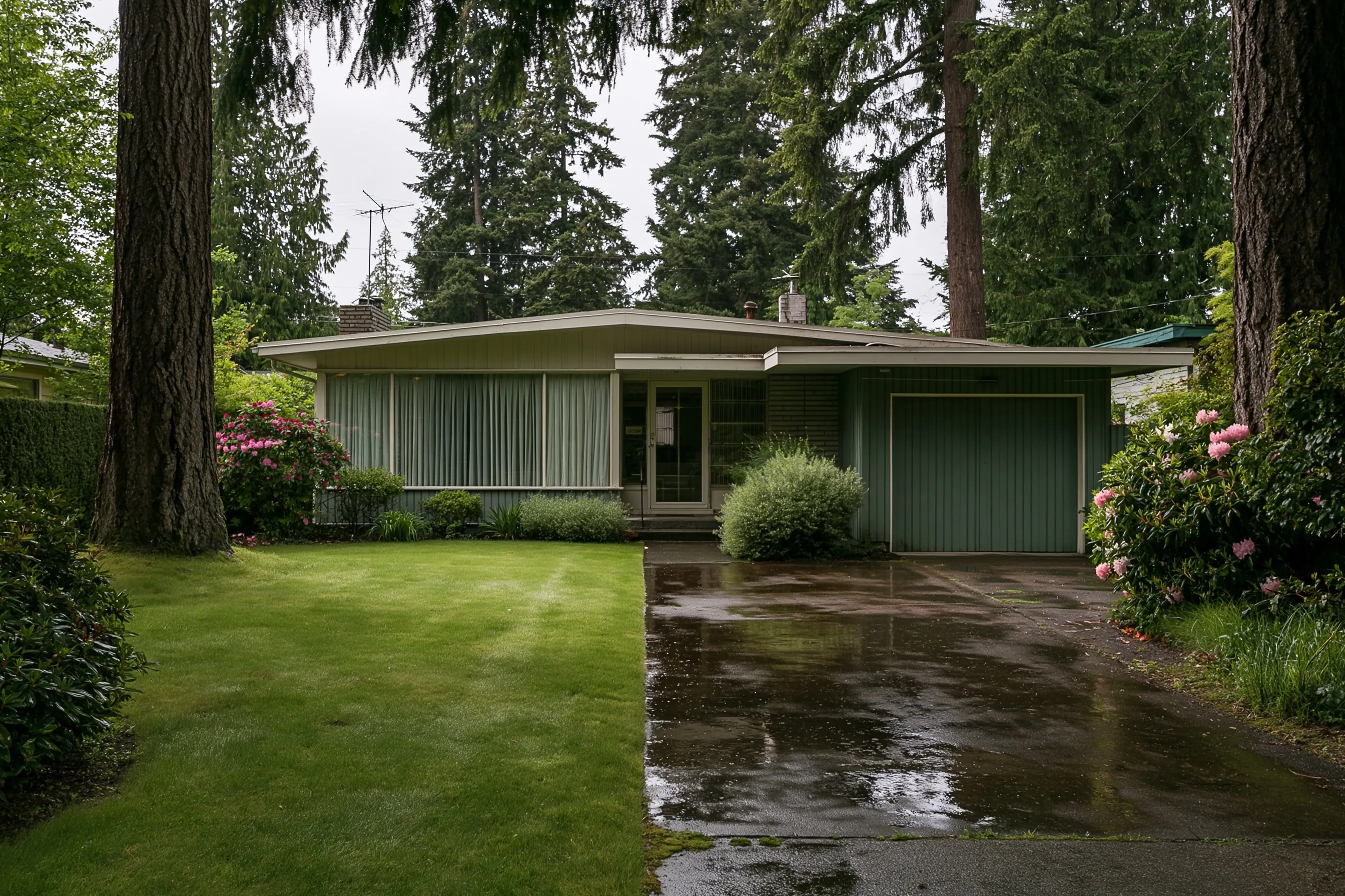 Front of a single-story rambler with a low-pitched roof and attached garage, wet green lawn, mature Douglas firs and rhododendrons and a damp driveway after rain