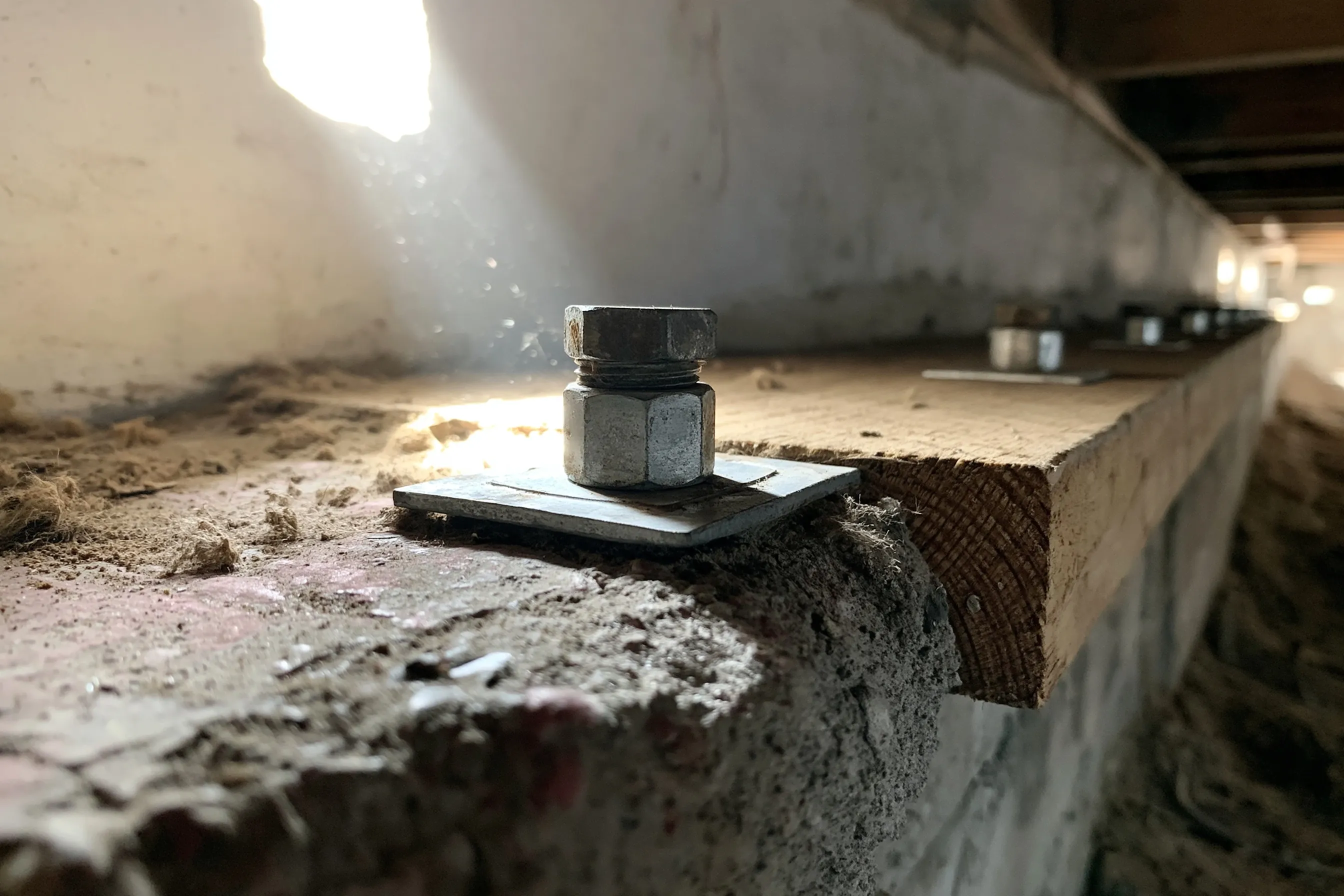 Crawlspace along a concrete stem wall: a steel anchor bolt with a square plate washer fastening the wood sill plate to the concrete, other plates at regular spacing