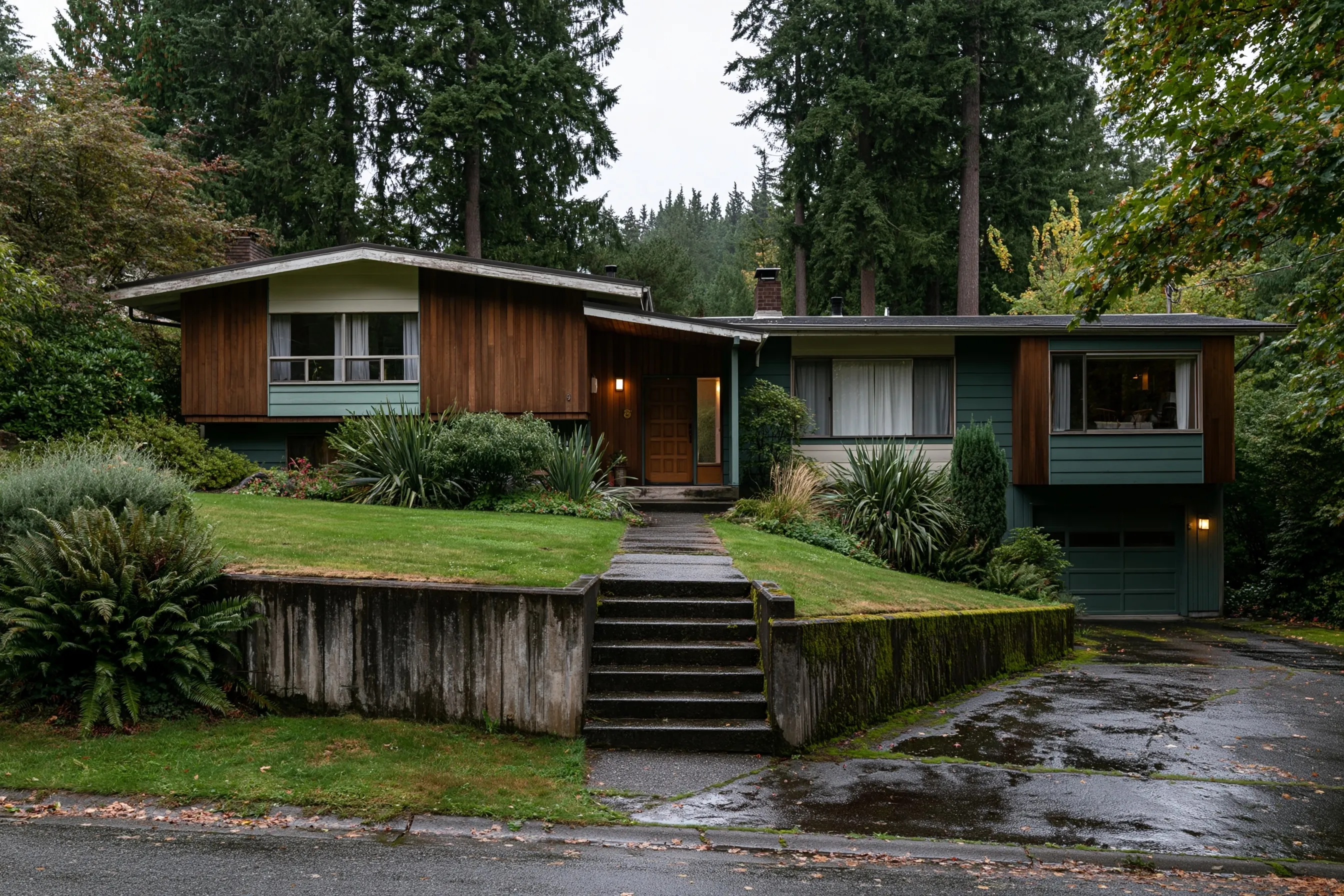 Exterior of a split-level house on a sloped lot with lap siding, low retaining walls beside the entry steps, tall Douglas firs and wet lawn with sword ferns